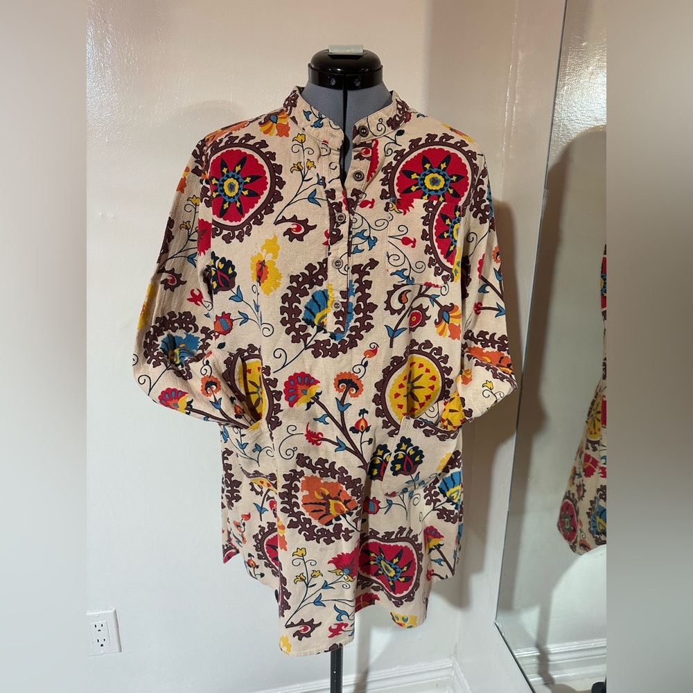 Beautiful boho inspired tunic top with vibrant floral print in rich tones